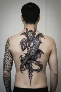 devil with wings and the number 666 symbols incorporated tattoo design idea