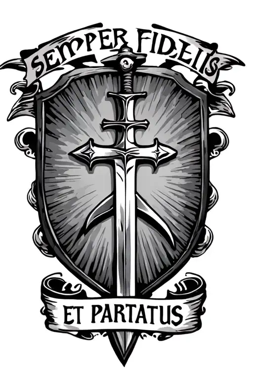 "Semper Fidelis Et Paratus" Peace and War sword shield Cross tattoo design idea