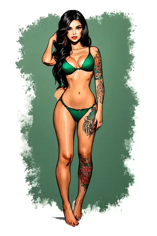 Sexy girl, petite, small boobs, wide hips,  Green Thong .sexual. Seductive. Full Body, standing with legs and feet tattoo design idea