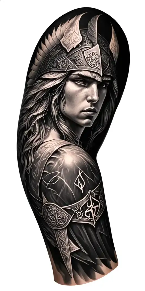 a sleeve that is Nordic mythology inspired. including a Valkyrie, Odin, and a Rune of Protection in the middle. tattoo design idea