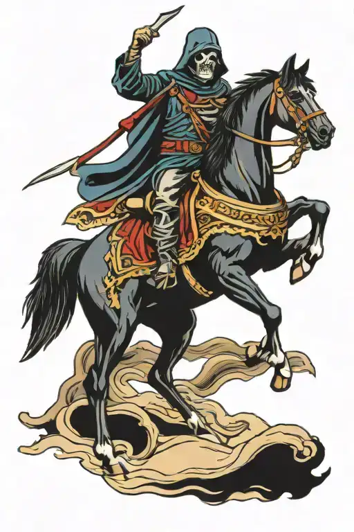 American traditional color tattoo with a grim reaper riding a horse and both the horse and reaper are facing forward.  tattoo design idea