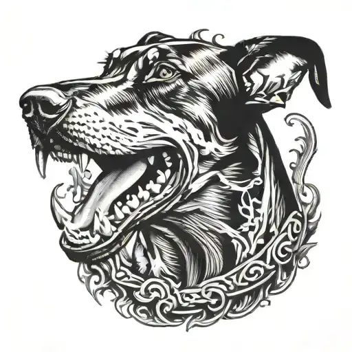 Scary doberman staring menacingly baring teeth black shaded with smoke effect tattoo design idea