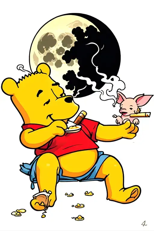 Winnie the pooh high in the 100 acre woods with bart Simpson and piglet smoking blunts and eating honey under a moon tattoo design idea