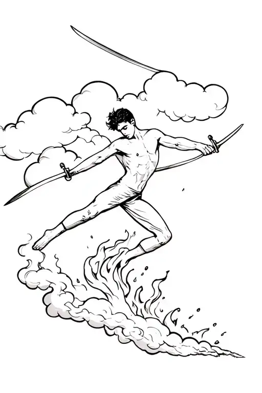 Man flying through a cloud while holding a sword, his lower body is burning with ashes falling off tattoo design idea