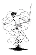 Man flying through a cloud while holding a sword, his lower body is burning with ashes falling off tattoo design idea