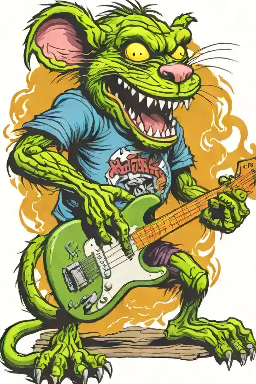 Mad Rat Fink playing electric guitar on a grave tattoo design idea