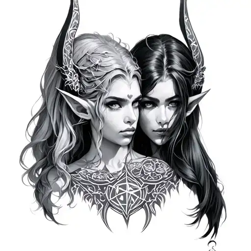 Gemini twin elf dungeons and dragons tattoo design idea
