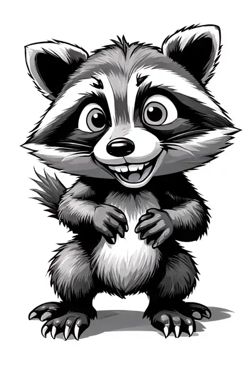 Mischievous anthropomorphic raccoon mascot, 30s cartoon style, inspired by Walter Lantz, Fleischer Studios, early Disney tattoo design idea