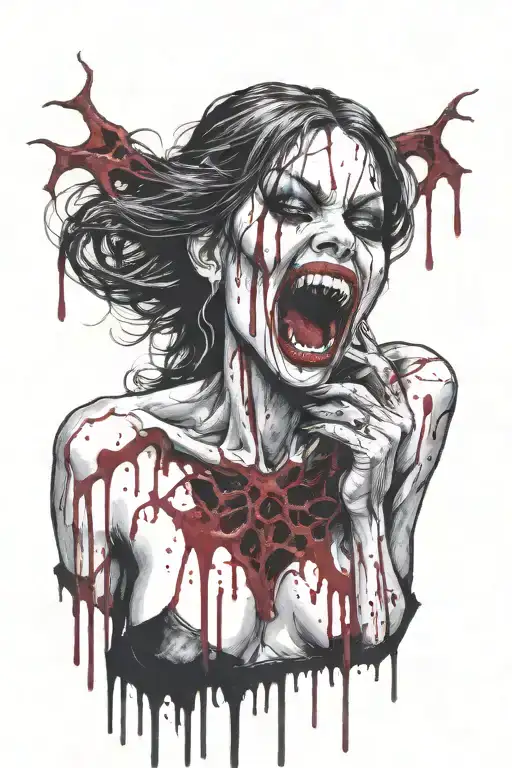 gothic black metal nude female vampire with fangs surrounded by blood splatter tattoo design idea