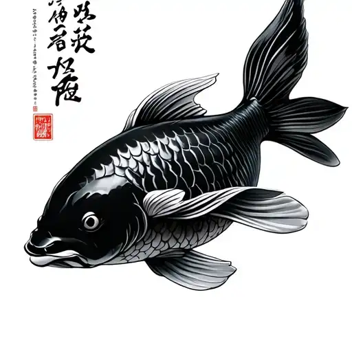 Black koi swimming upwards with japanese letters for strength tattoo design idea
