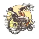 sunset background with shadow sun in wheelchair  mother and daughter  tattoo design idea