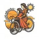 sunset background with shadow sun in wheelchair  mother and daughter  tattoo design idea