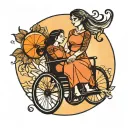 sunset background with shadow sun in wheelchair  mother and daughter  tattoo design idea