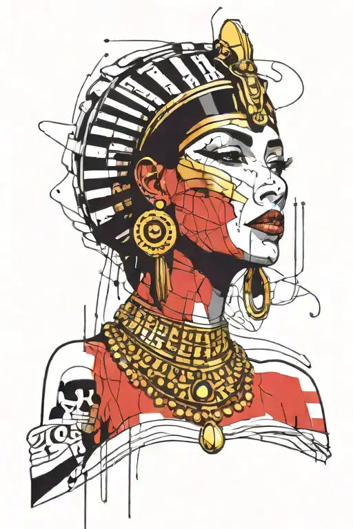 sketch in graphic style. cleopatra, decorated with gold and beads. position of the face front. expressive eyes. straight hair tattoo design idea