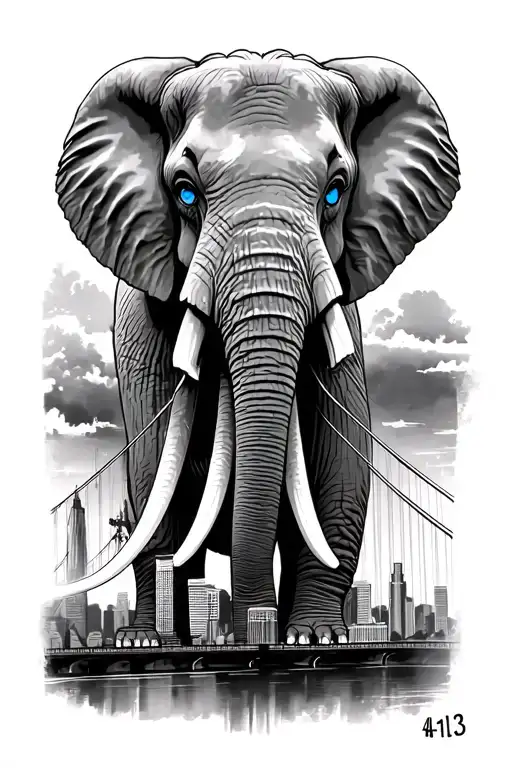 pittsburgh skyline with bridge, elephant with blue eyes, philippeans 4:13 tattoo design idea