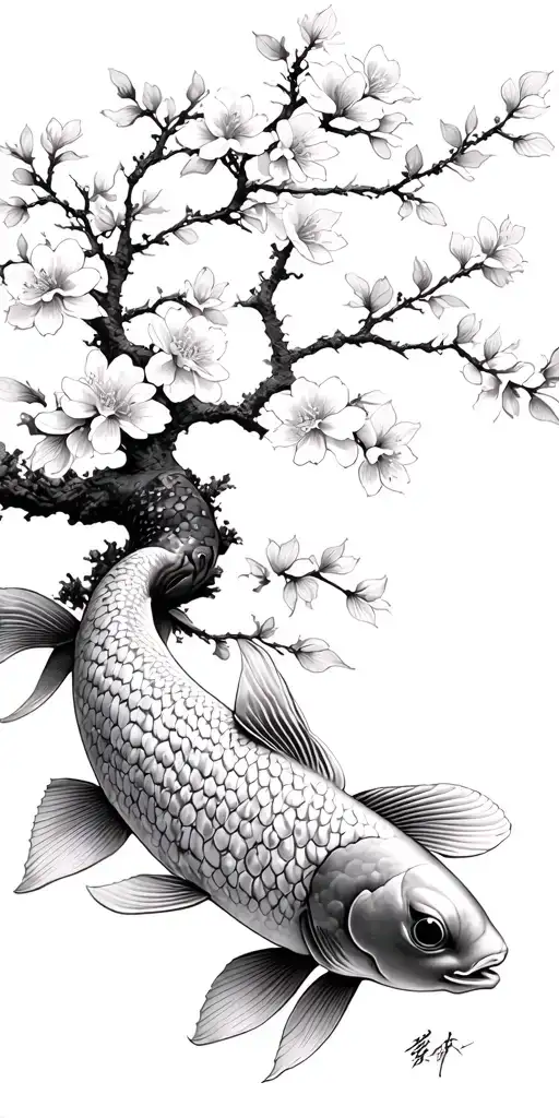 Japanese cherry blossom tree, sierra mountains, Deyna, koi fish tattoo design idea