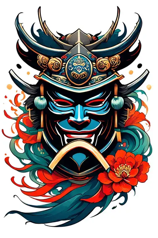 japanese tattoo samurai mask surrounded by swirling tattoo design idea