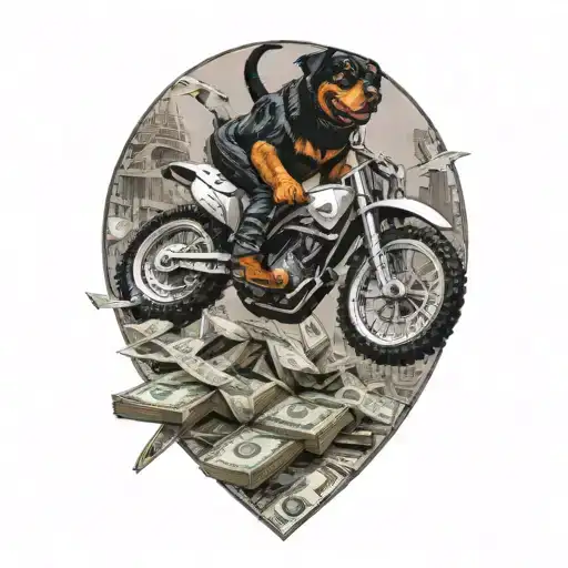 A dirt bike jumping over stacks of money and guns, with a Rottweiler chasing after it, in black-grey style tattoo design idea