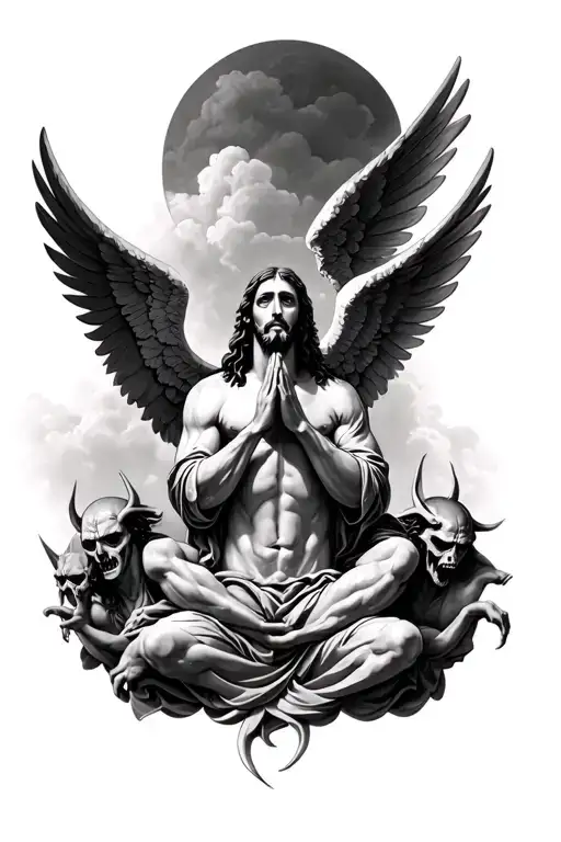 angels vs demons with jesus praying tattoo design idea