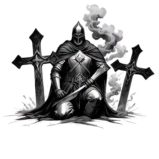 Templar knight kneeling in front of 3 crosses with ominous smoke surrounding him. for forearm sleeve tattoo design idea
