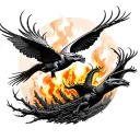 two ravins flying over a burning forest tattoo design idea