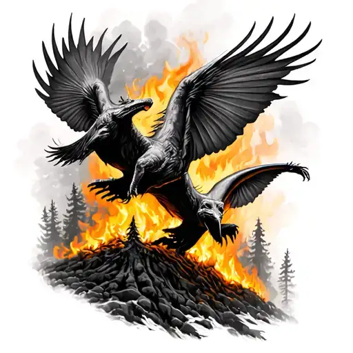 two ravins flying over a burning forest tattoo design idea
