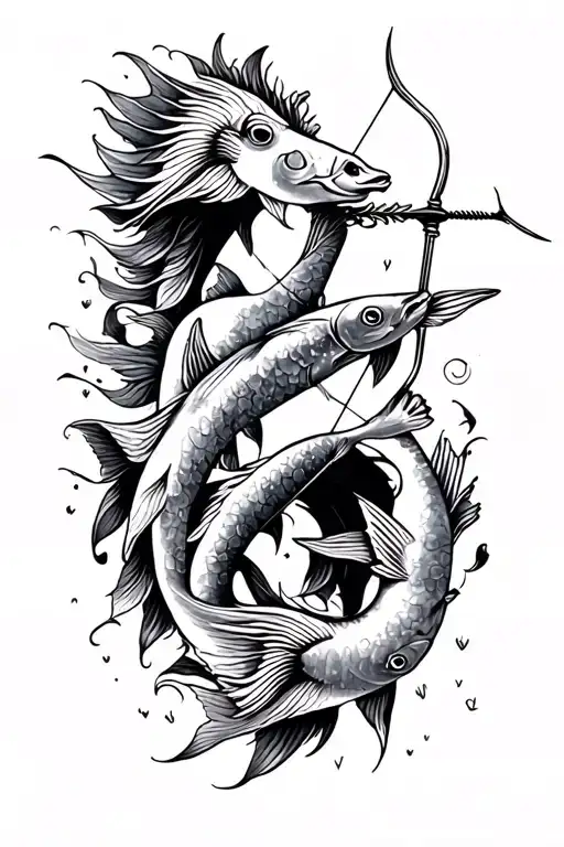 Sagittarius bow and arrow aiming at a school of Pisces fish tattoo design idea