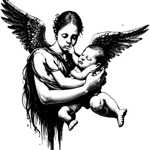 evil angel holding baby shushing to sleep  tattoo design idea