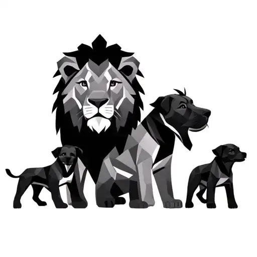 family of lions and 3 puppies geometric symbols tattoo design idea