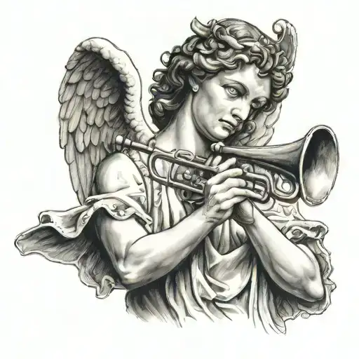 angel with trumpet surrounded tattoo design idea