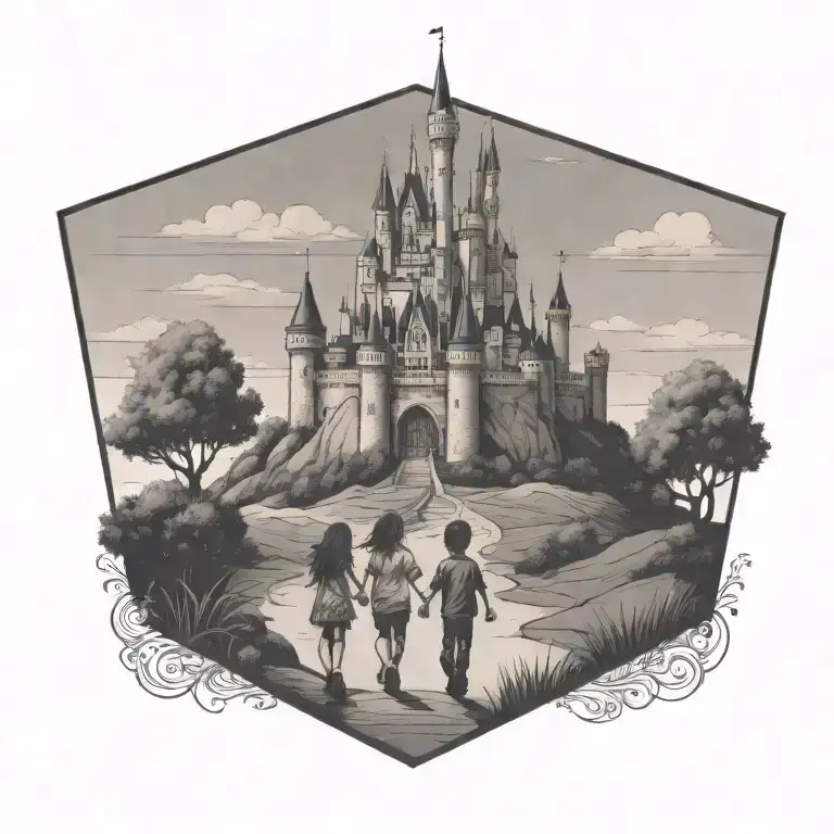 Disney castle on a hill with a boy and a girl holding hands walking towards it tattoo design idea