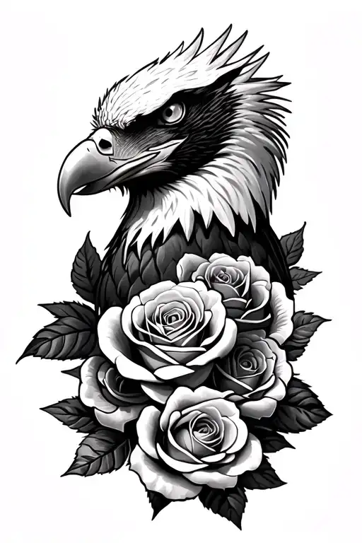 bald eagle with roses tattoo design idea
