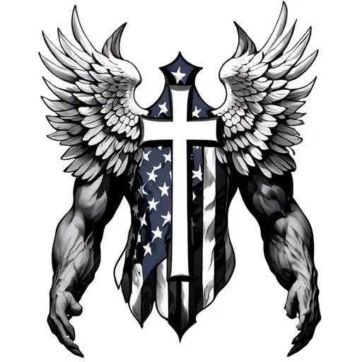 upper arm sleeve pauldron incorporating an American flag and then integrate a faith based cross on upper chest with bio  tattoo design idea