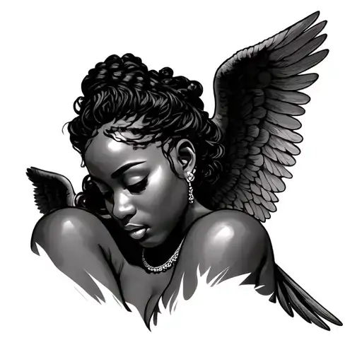 African female Angel looking down to you surronded tattoo design idea