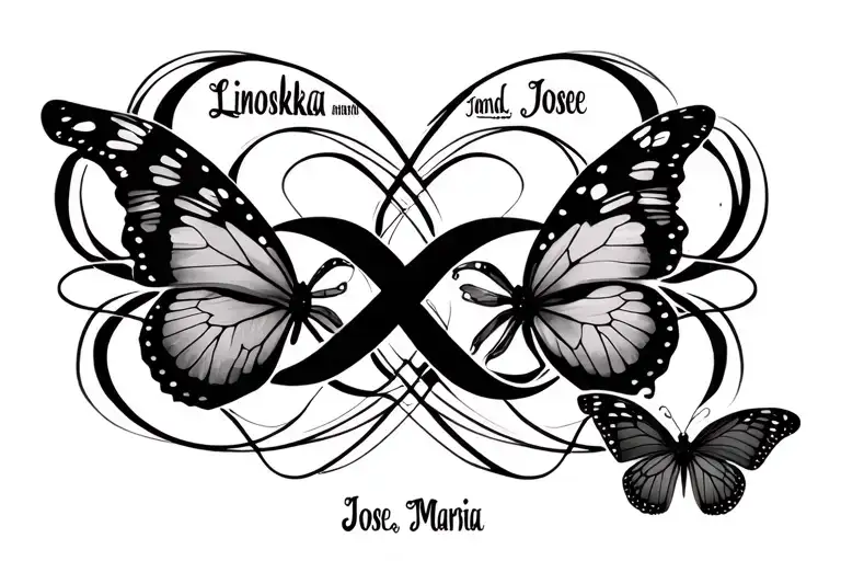 infinity symbol with the names Linoshka Jose and Maria in the lines with butterflies  tattoo design idea
