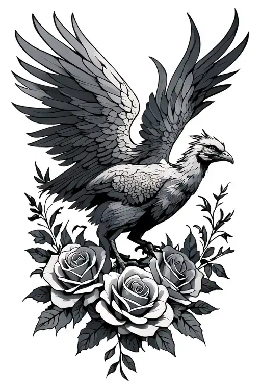 Phoenix with one wing and long tail with roses behind tattoo design idea
