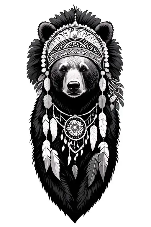 bear wearing headdress with dream catcher tattoo design idea