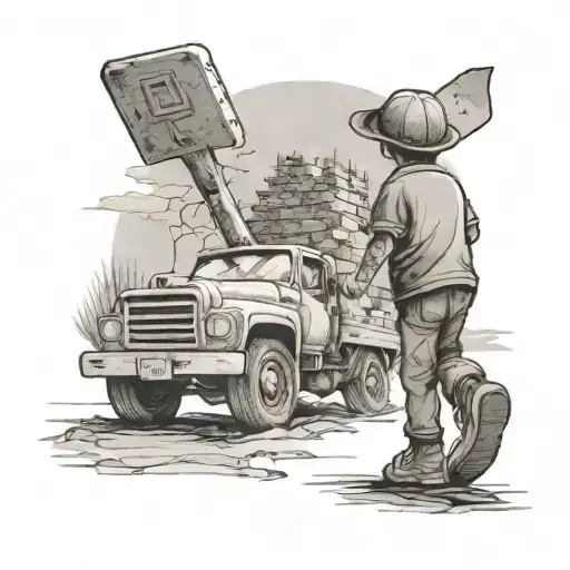 Boy walking toward a Cemetery with shovel and truck toy tattoo design idea