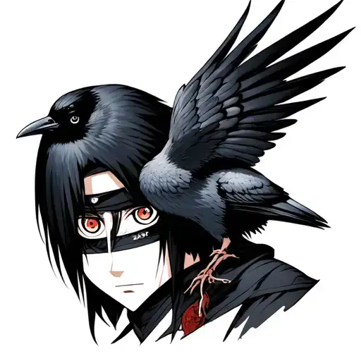 itachi with crow and sharingan eye tattoo design idea