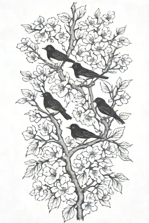 sideways very thin black and white masculine cherry branch tattoo with minimal blossoms  with 4 solid black birds.     tattoo design idea
