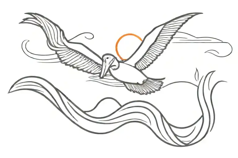 pelican flying over waves with setting sun tattoo design idea
