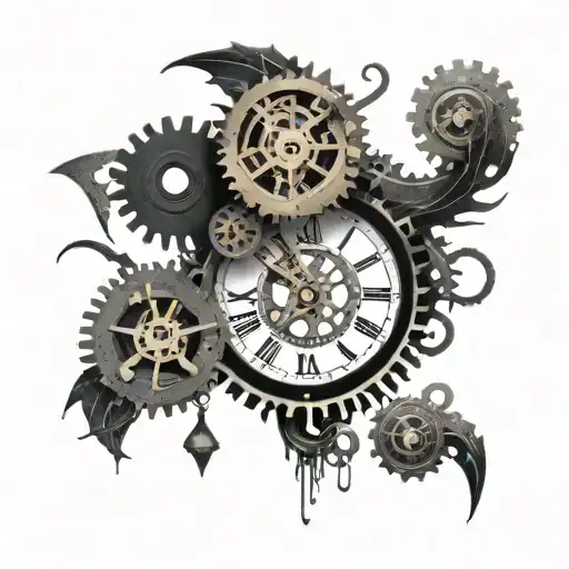 A mechanical clock with intricate gears and cogs, surrounded by Viking runes and symbols tattoo design idea