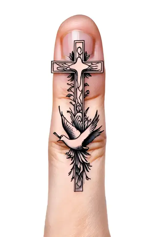 Minimalist finger tattoo of a small cross and dove in fine line style, delicate design for a Christian woman tattoo design idea