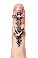 Minimalist finger tattoo of a small cross and dove in fine line style, delicate design for a Christian woman tattoo design idea