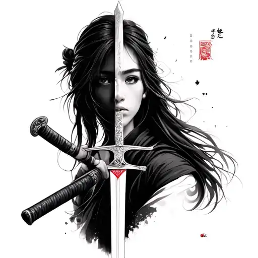 half of face girl with samurai sword tattoo design idea
