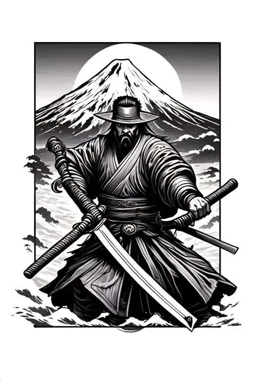 Japanese Ronin wielding a katana blade with mount fuji in the background tattoo design idea