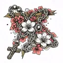 medium sized rosary going thru cherry blossom petals falling tattoo design idea