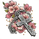 medium sized rosary going thru cherry blossom petals falling tattoo design idea