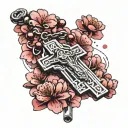 medium sized rosary going thru cherry blossom petals falling tattoo design idea
