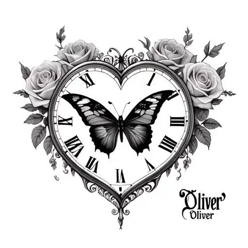 "Oliver " Love heart clock with roman numerals numbers 11:03 butterfly’s Oliver and roses tattoo design idea